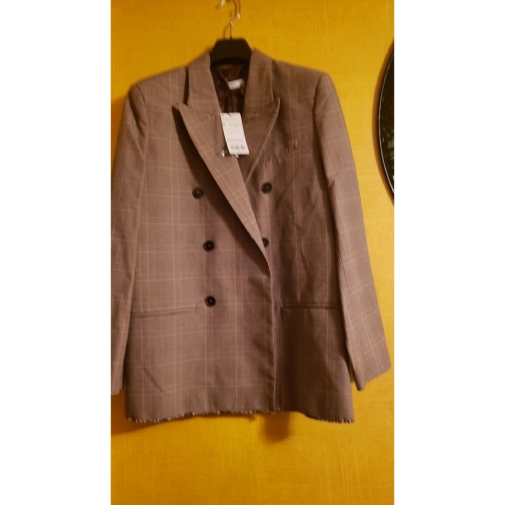 Mango Double-Breasted Plaid Blazer in Taupe with Subtle Orange Windowpane - Picture 4 of 8